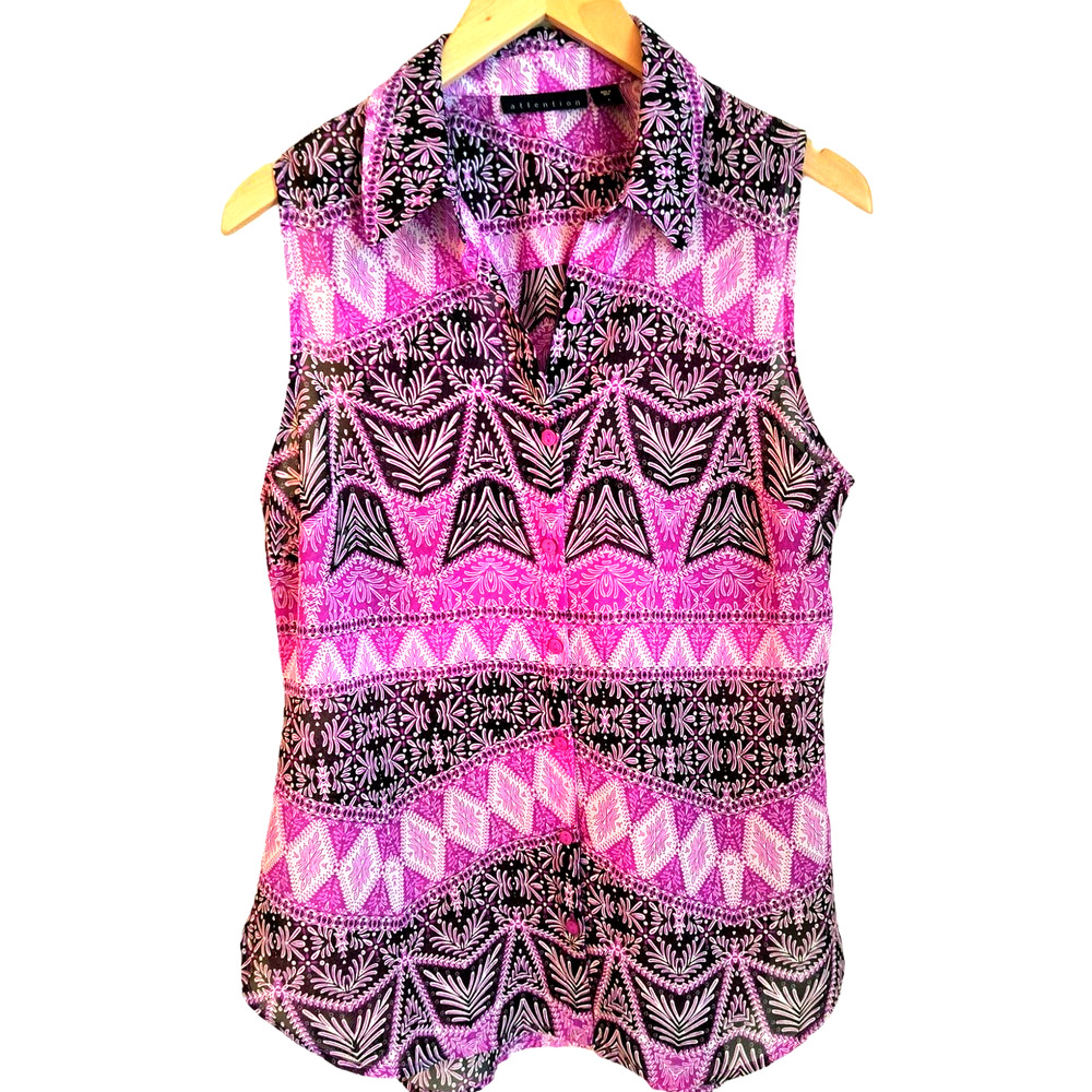 Attention Sleeveless Button up Top Women's Size L Purple black Print Hi Low hem